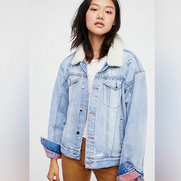 Free People Sherpa Fleece Collar Denim Jacket Plaid Lining - Picture 2 of 9